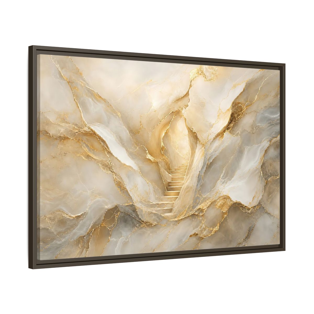 Main Mockup. Abstract Golden Stairs Gold Marble shown as stretched canvas wall art