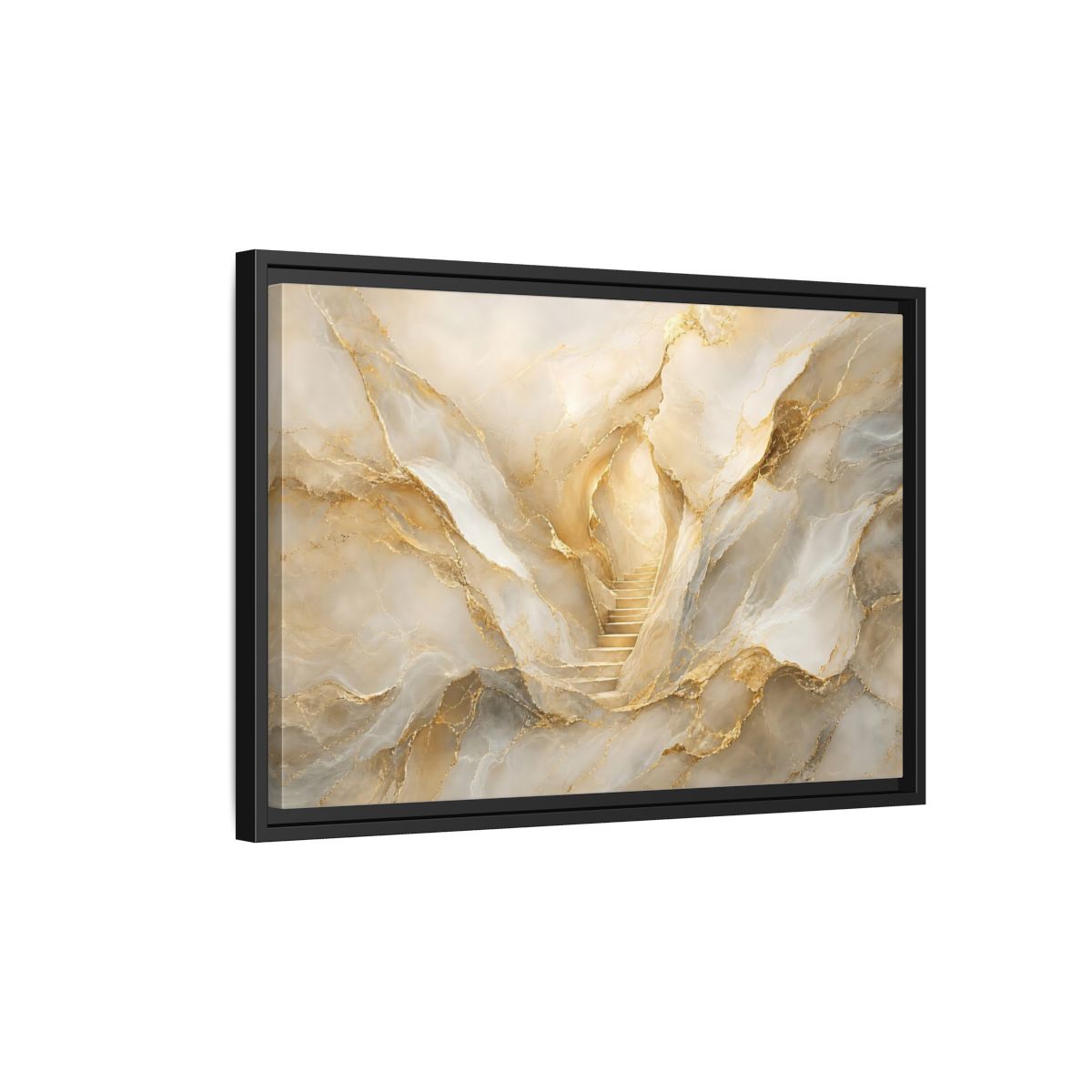 Side Mockup 3. Abstract Golden Stairs Gold Marble shown as stretched canvas wall art