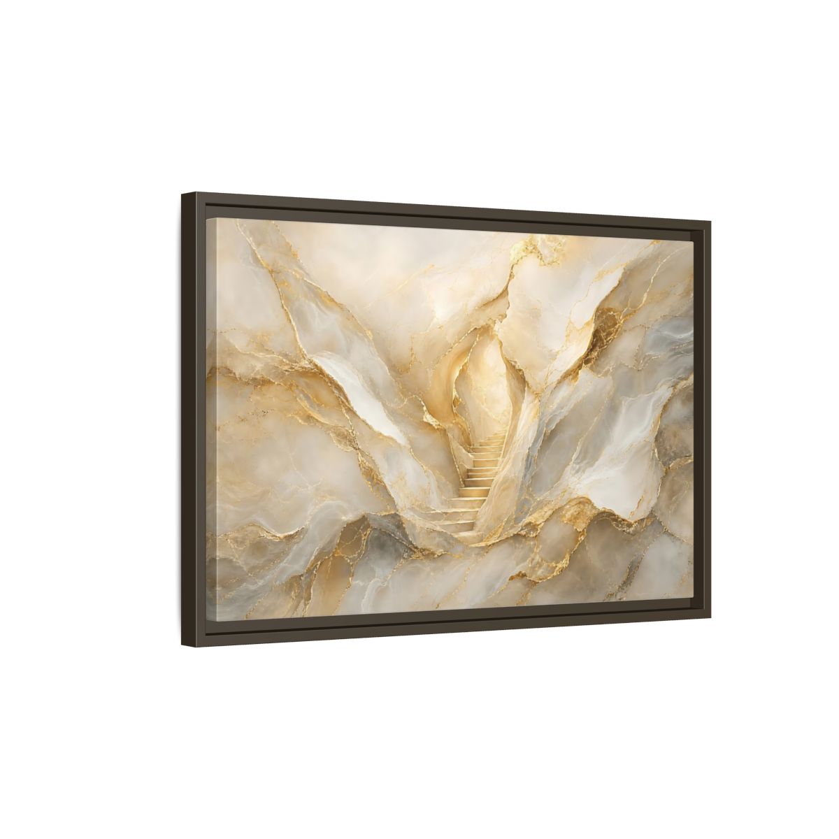 Side Mockup 2. Abstract Golden Stairs Gold Marble shown as stretched canvas wall art