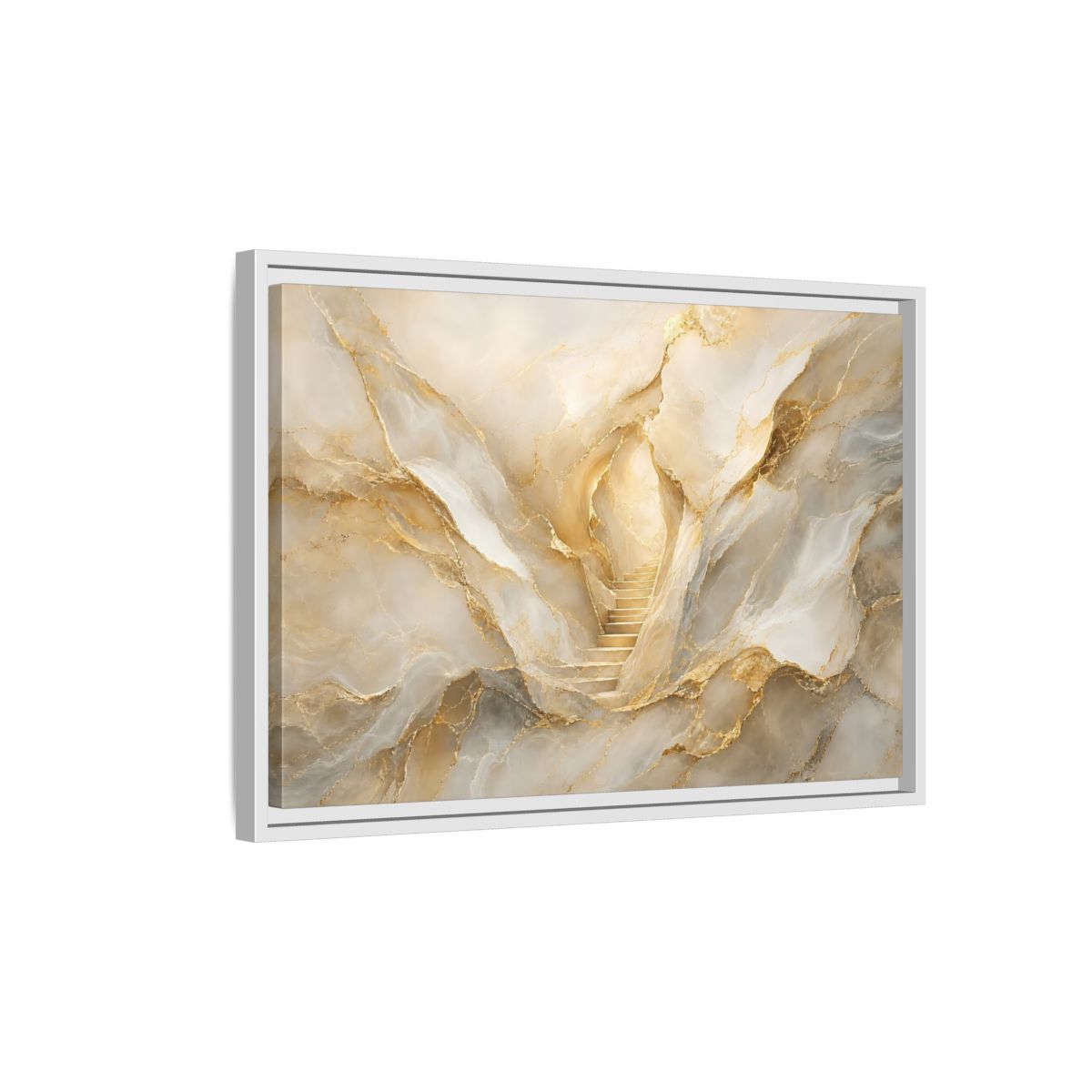 Side Mockup 1. Abstract Golden Stairs Gold Marble shown as stretched canvas wall art
