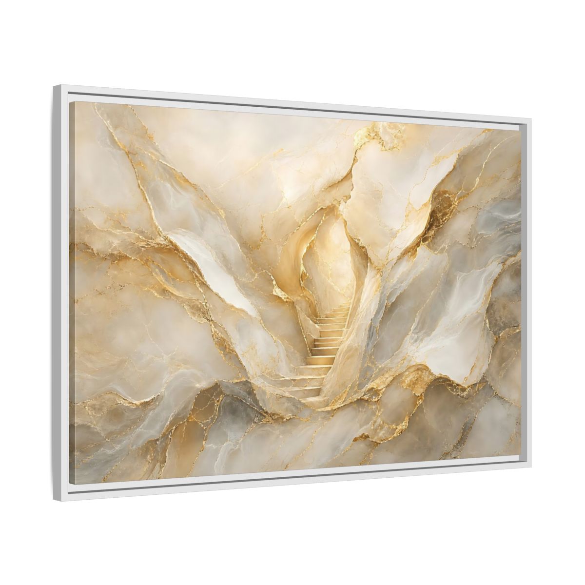 Side Mockup 9. Abstract Golden Stairs Gold Marble shown as stretched canvas wall art