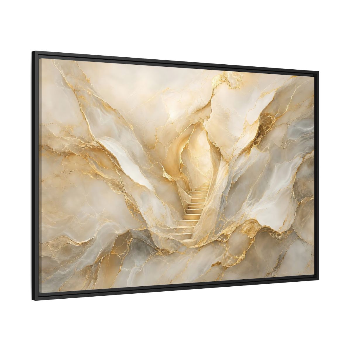 Side Mockup 12. Abstract Golden Stairs Gold Marble shown as stretched canvas wall art