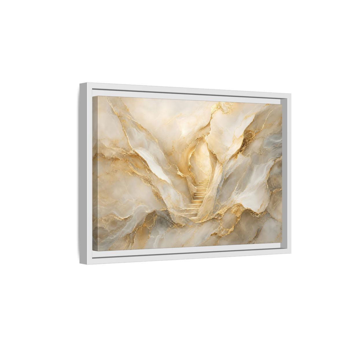 Side Mockup 4. Abstract Golden Stairs Gold Marble shown as stretched canvas wall art