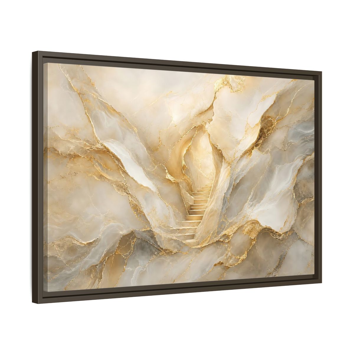 Side Mockup 11. Abstract Golden Stairs Gold Marble shown as stretched canvas wall art