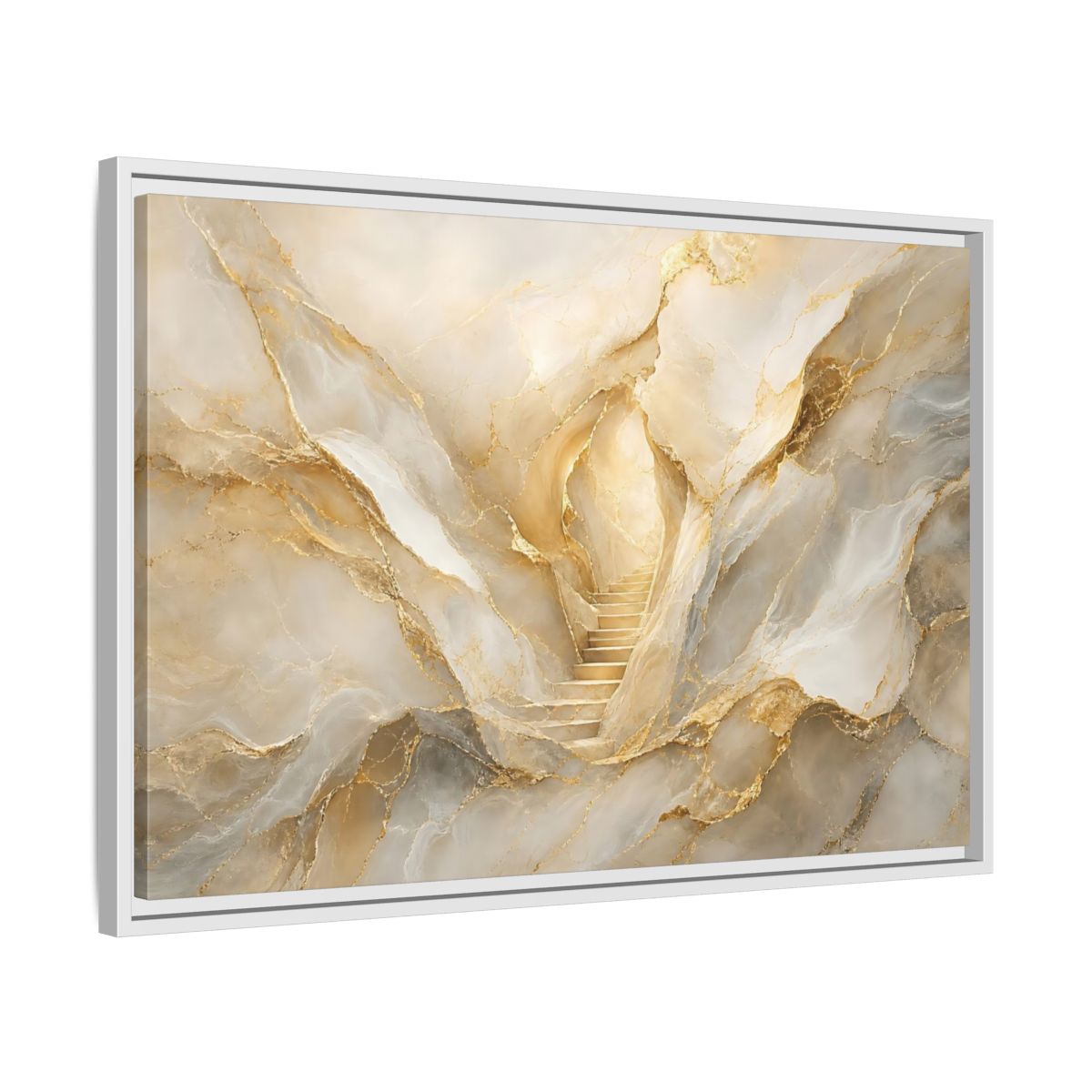 Side Mockup 10. Abstract Golden Stairs Gold Marble shown as stretched canvas wall art