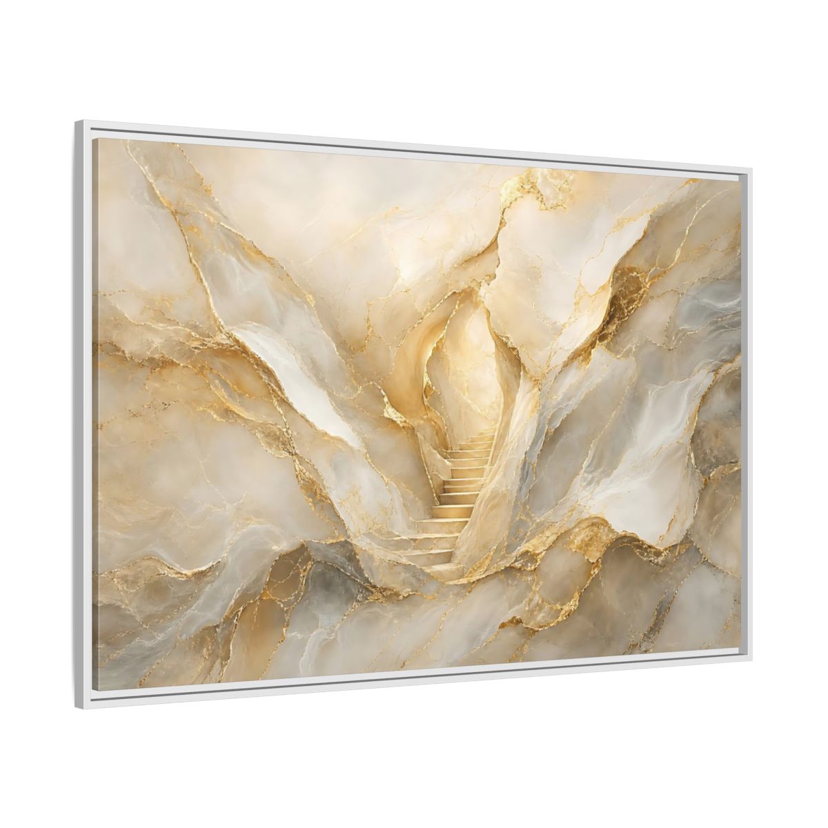 Side Mockup 7. Abstract Golden Stairs Gold Marble shown as stretched canvas wall art