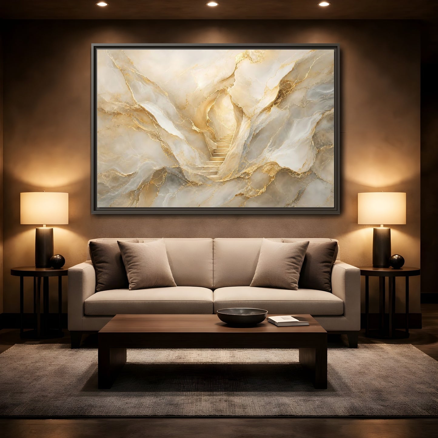Mockup 2. Abstract Golden Stairs Gold Marble shown as stretched canvas wall art