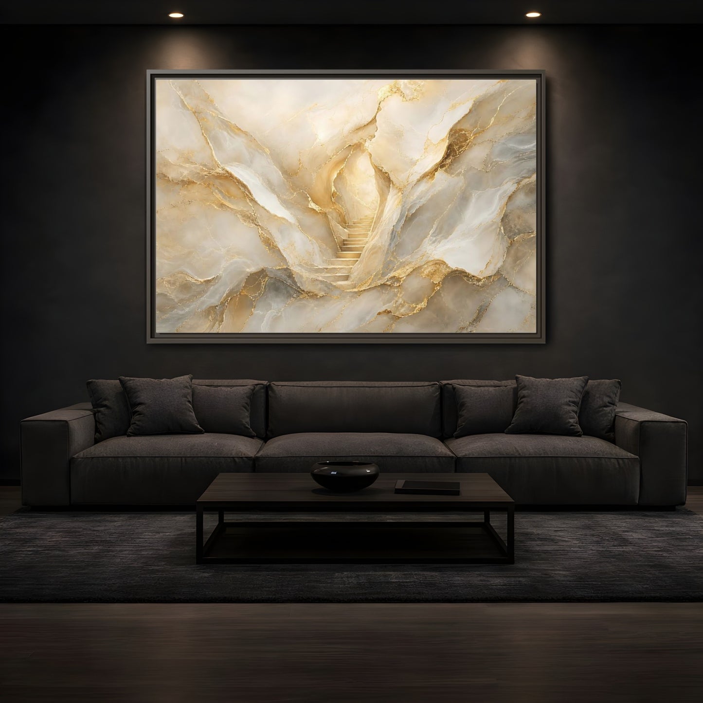 Mockup 3. Abstract Golden Stairs Gold Marble shown as stretched canvas wall art