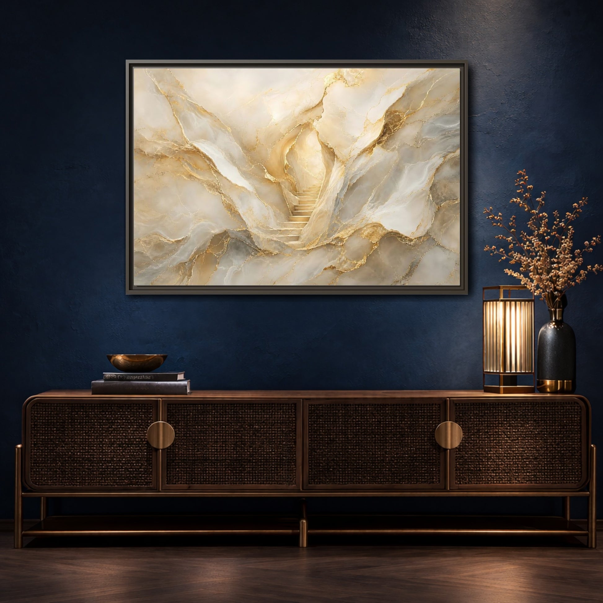 Mockup 4. Abstract Golden Stairs Gold Marble shown as stretched canvas wall art