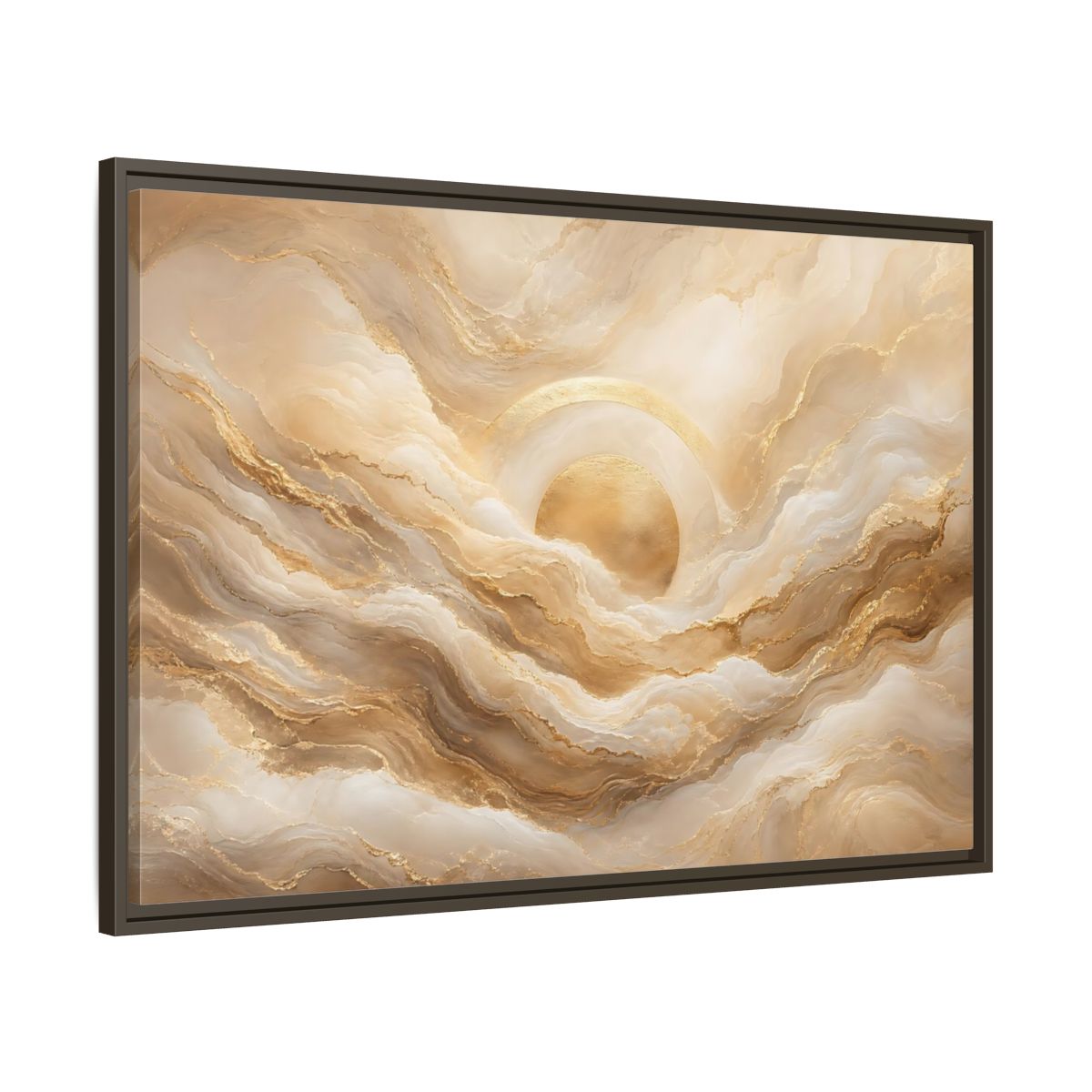 Main Mockup. Abstract Golden Sun Gold Abstract shown as stretched canvas wall art