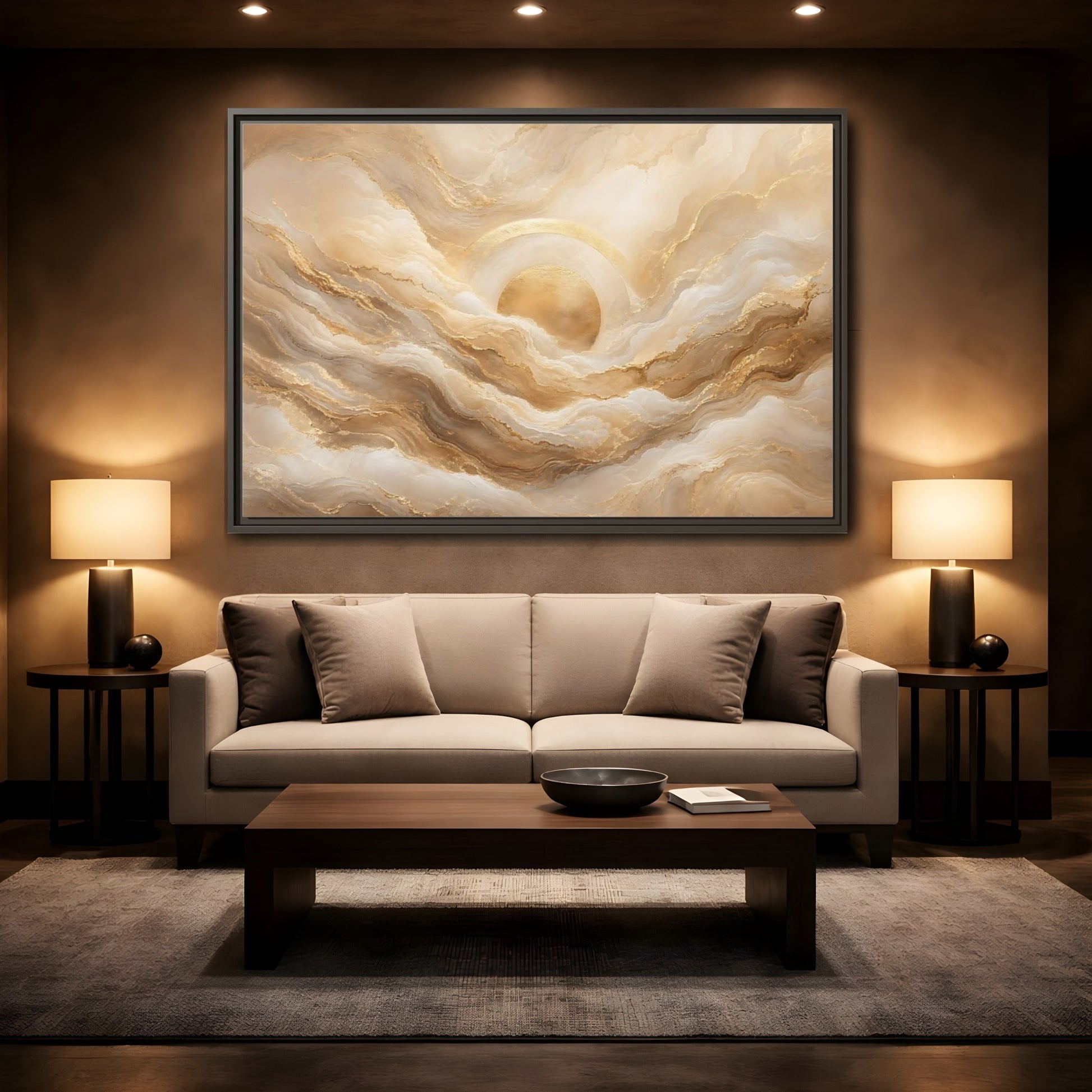 Mockup 2. Abstract Golden Sun Gold Abstract shown as stretched canvas wall art