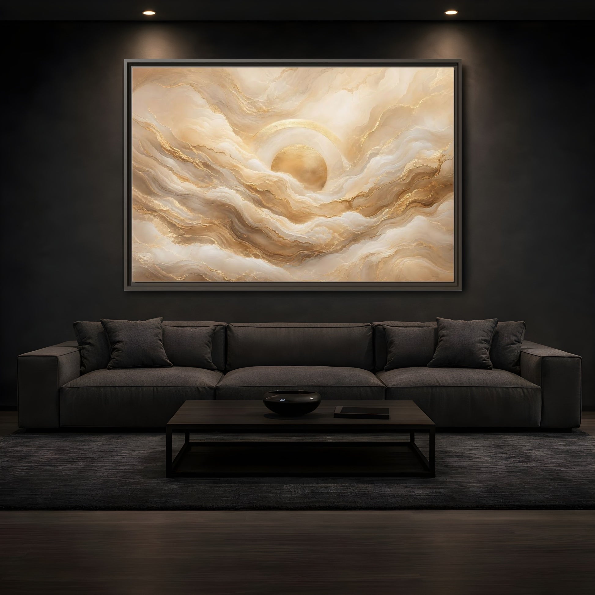 Mockup 3. Abstract Golden Sun Gold Abstract shown as stretched canvas wall art
