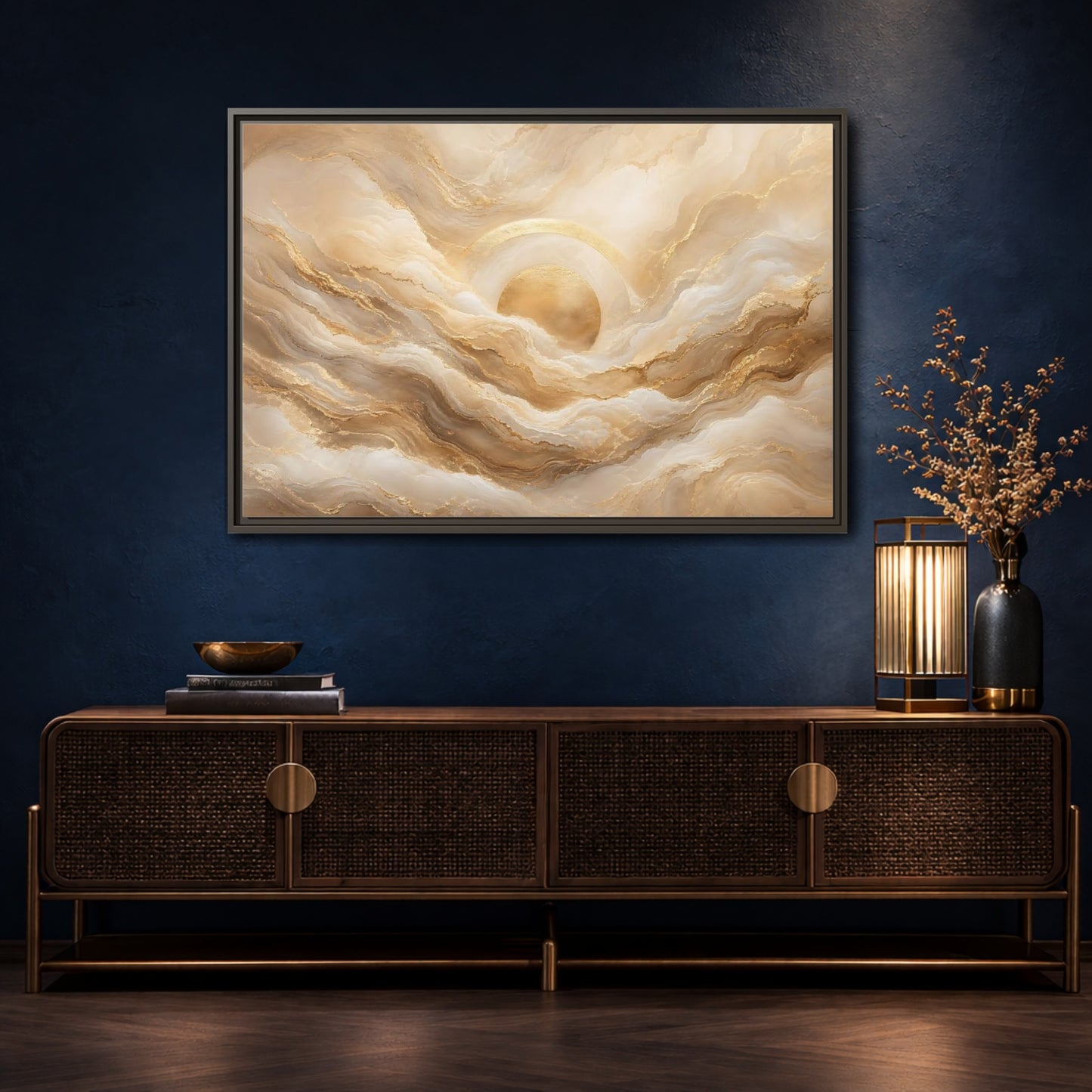 Mockup 4. Abstract Golden Sun Gold Abstract shown as stretched canvas wall art