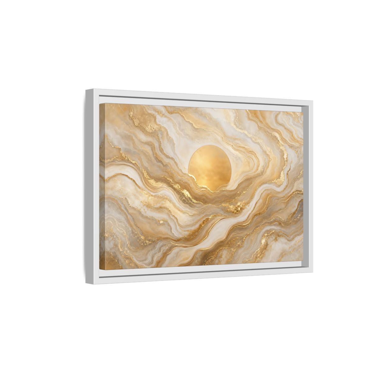 Side Mockup 4. Abstract Golden Sun Gold And White Marble shown as stretched canvas wall art