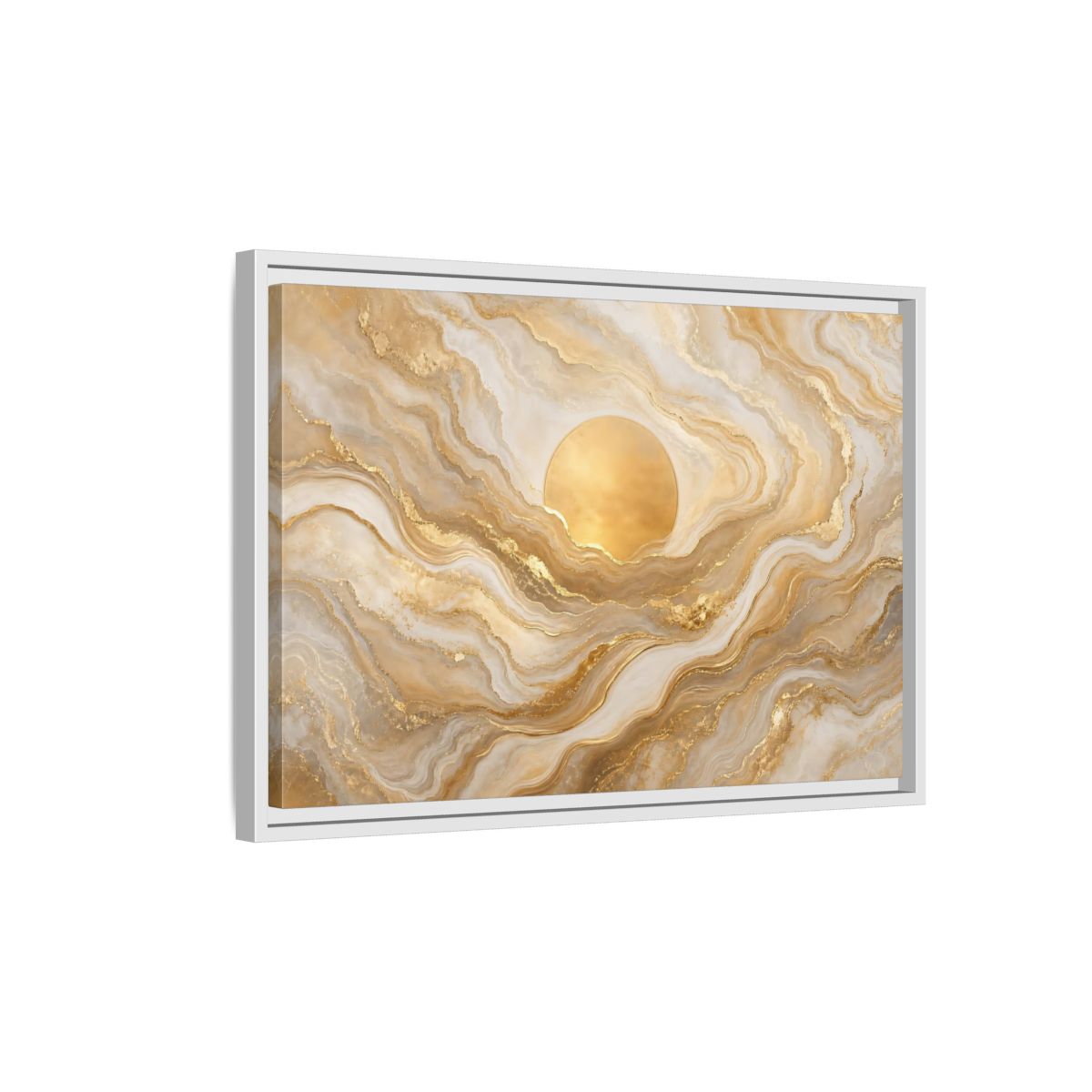 Side Mockup 1. Abstract Golden Sun Gold And White Marble shown as stretched canvas wall art