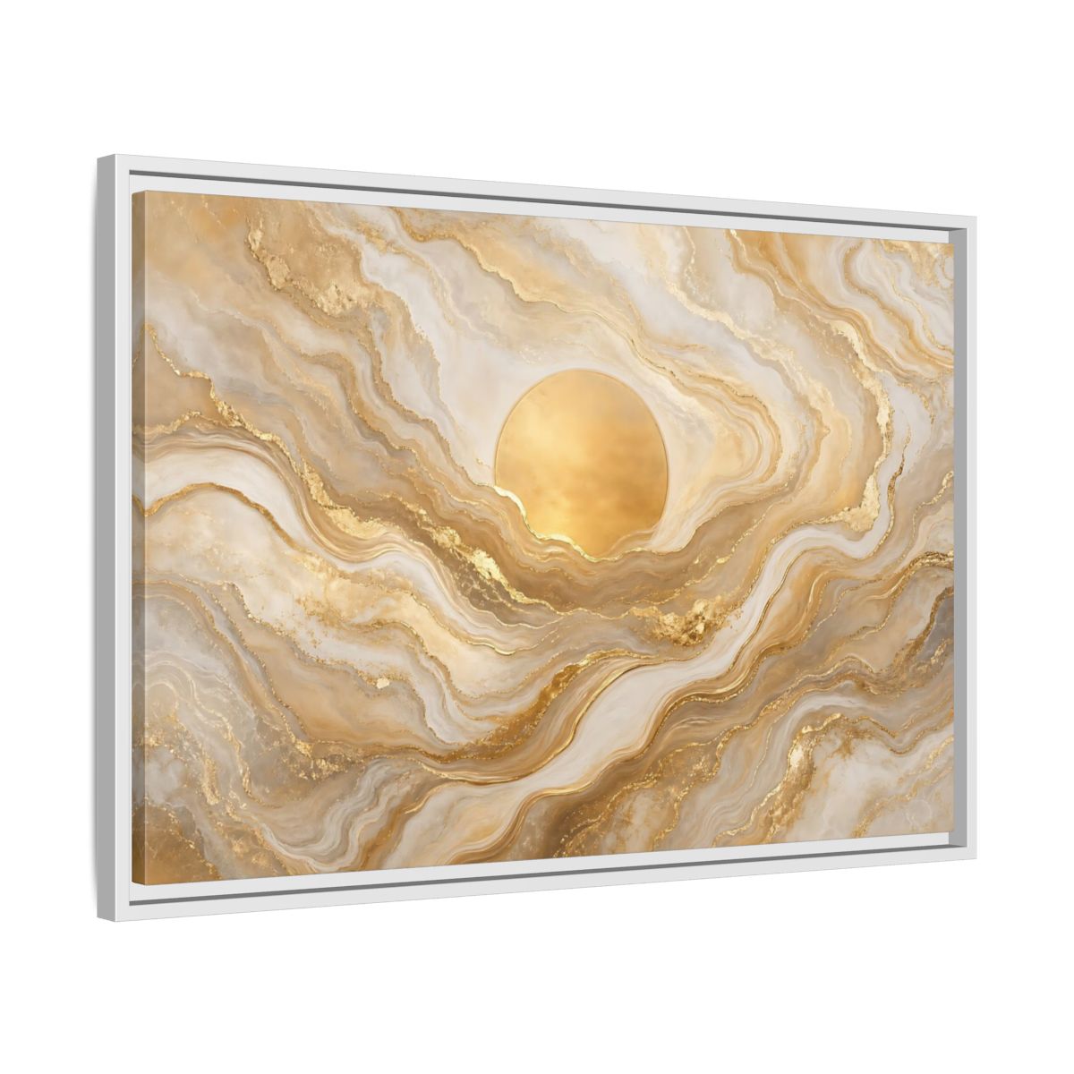 Side Mockup 10. Abstract Golden Sun Gold And White Marble shown as stretched canvas wall art