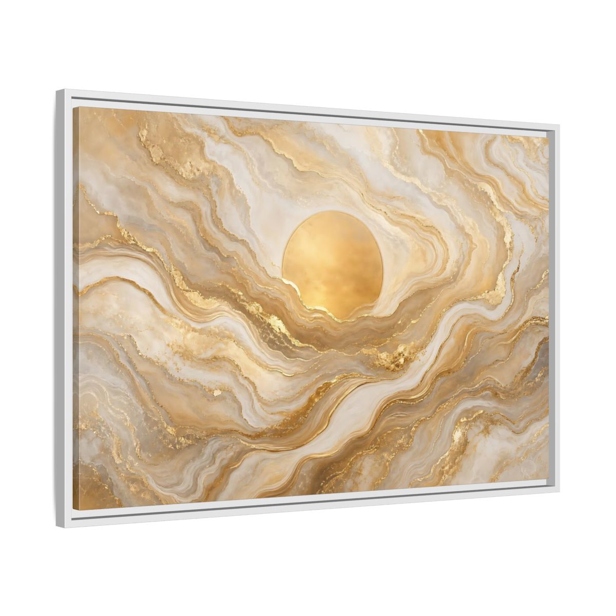 Side Mockup 9. Abstract Golden Sun Gold And White Marble shown as stretched canvas wall art