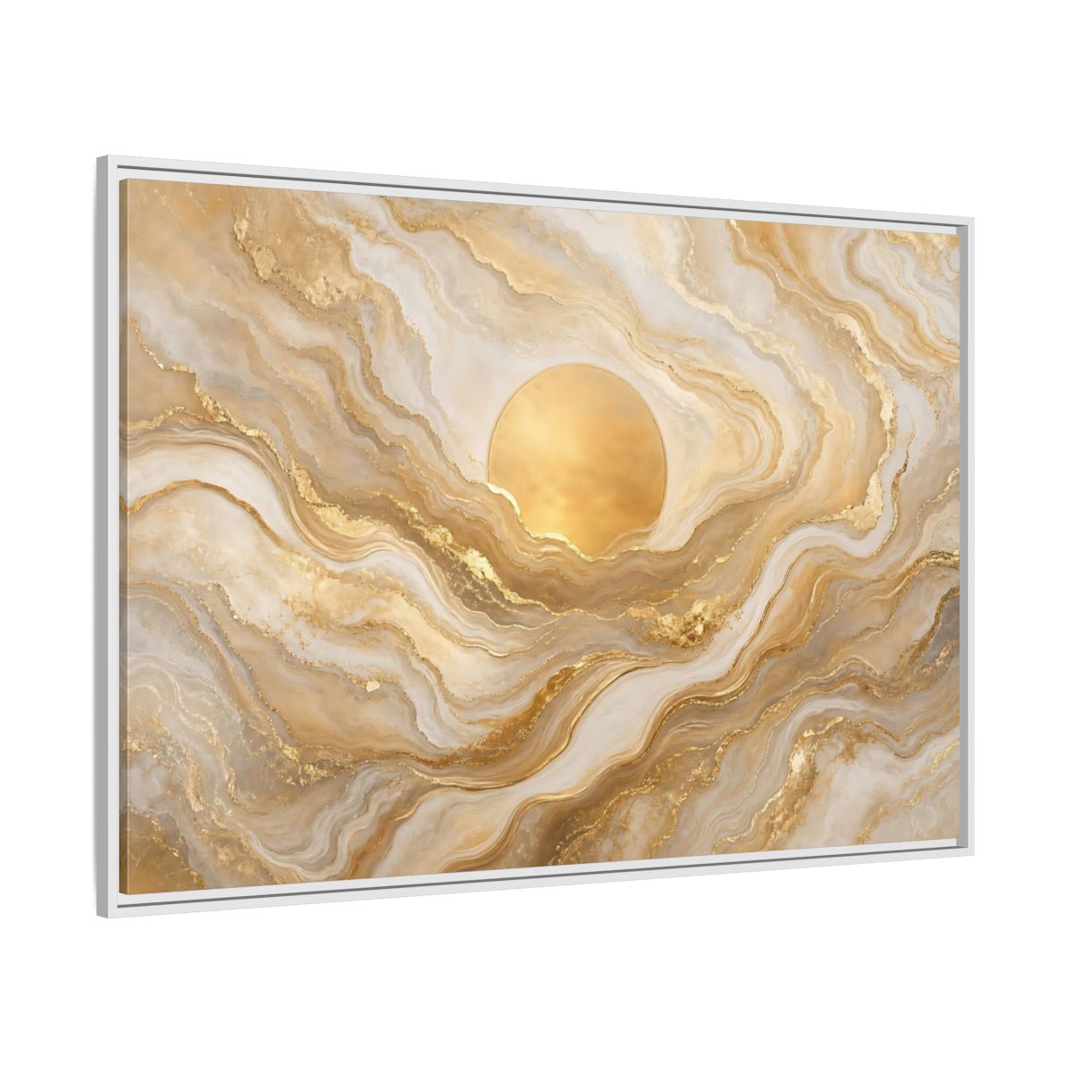 Side Mockup 7. Abstract Golden Sun Gold And White Marble shown as stretched canvas wall art