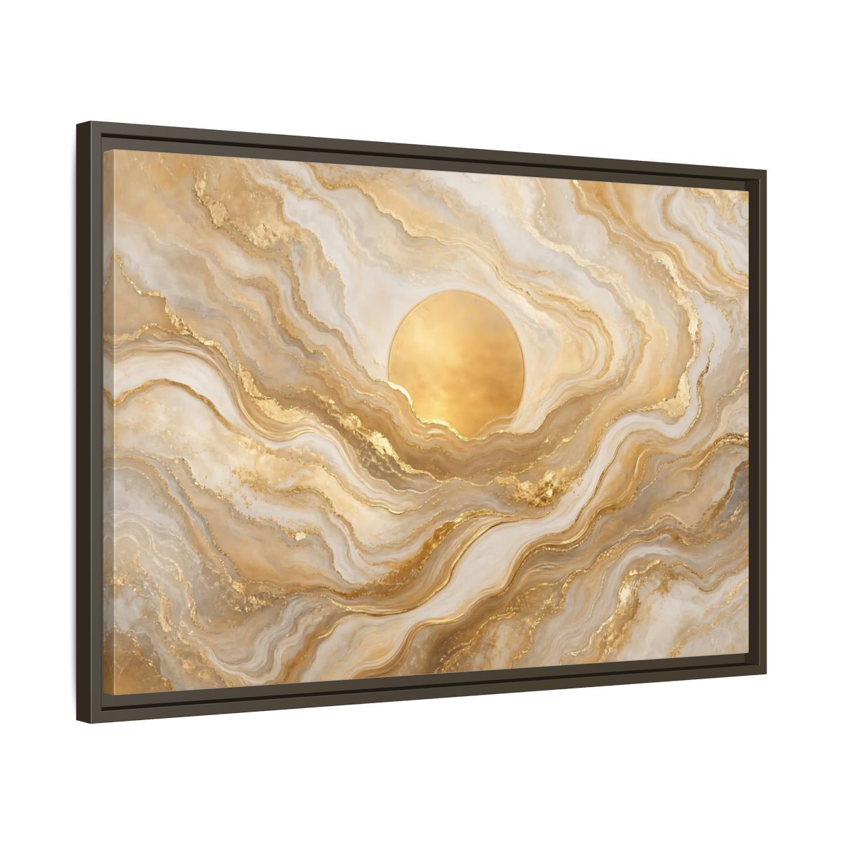 Side Mockup 11. Abstract Golden Sun Gold And White Marble shown as stretched canvas wall art