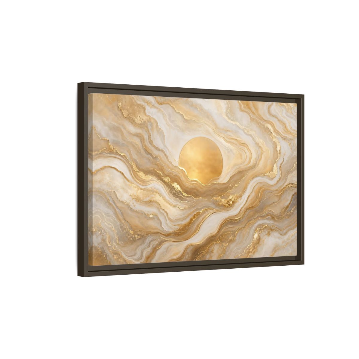 Side Mockup 2. Abstract Golden Sun Gold And White Marble shown as stretched canvas wall art