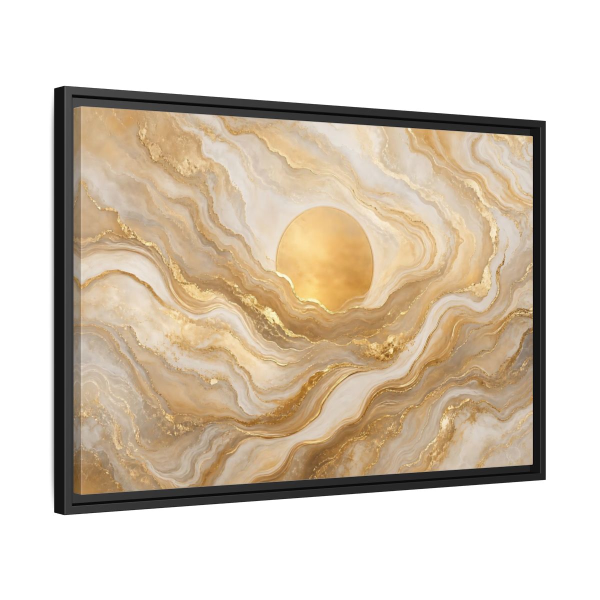Side Mockup 14. Abstract Golden Sun Gold And White Marble shown as stretched canvas wall art