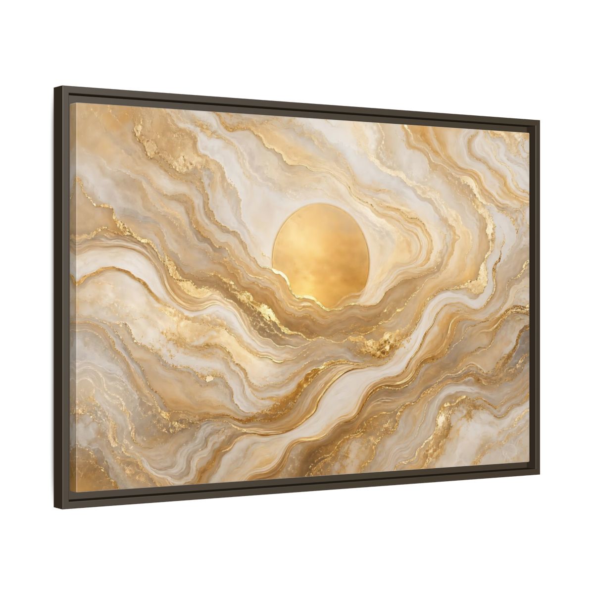 Main Mockup. Abstract Golden Sun Gold And White Marble shown as stretched canvas wall art