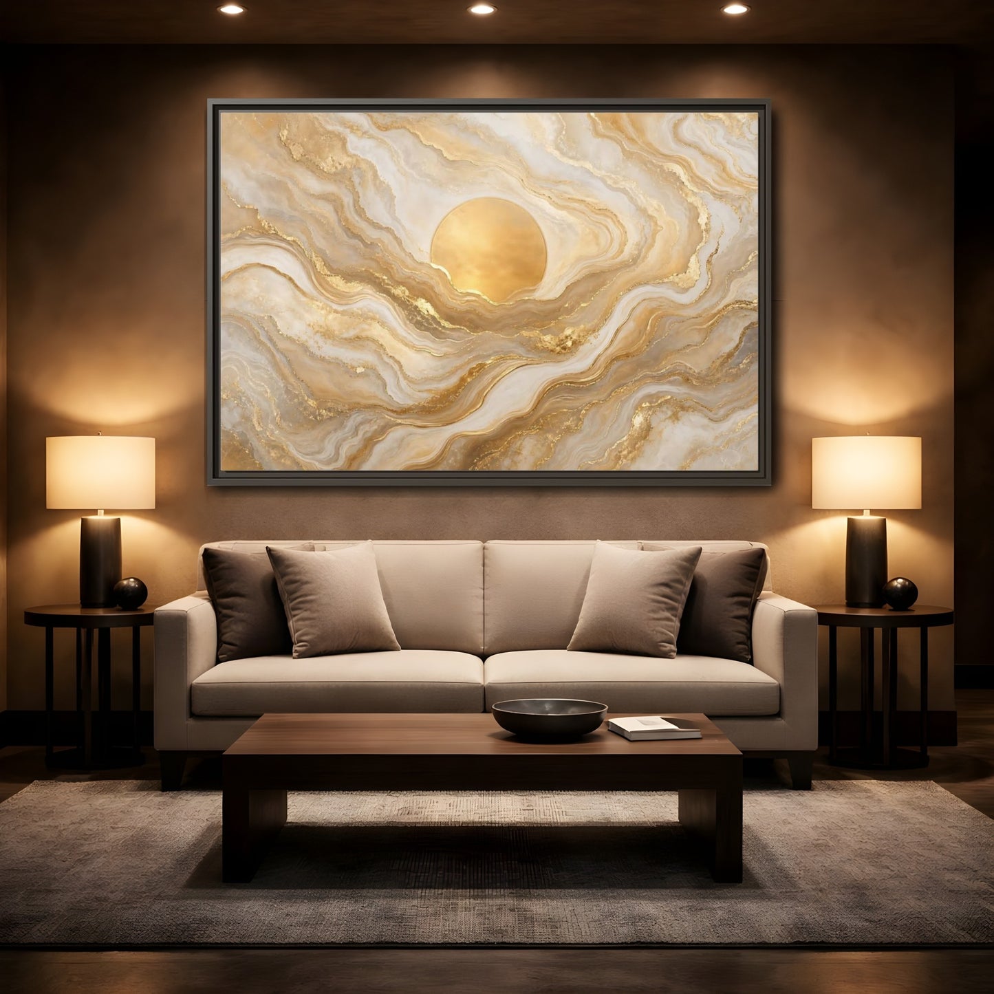 Mockup 2. Abstract Golden Sun Gold And White Marble shown as stretched canvas wall art