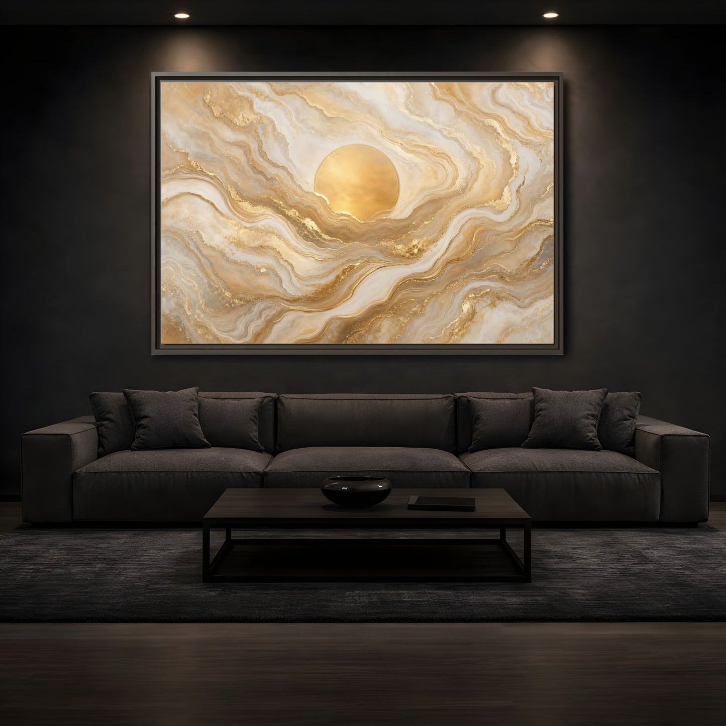 Mockup 3. Abstract Golden Sun Gold And White Marble shown as stretched canvas wall art