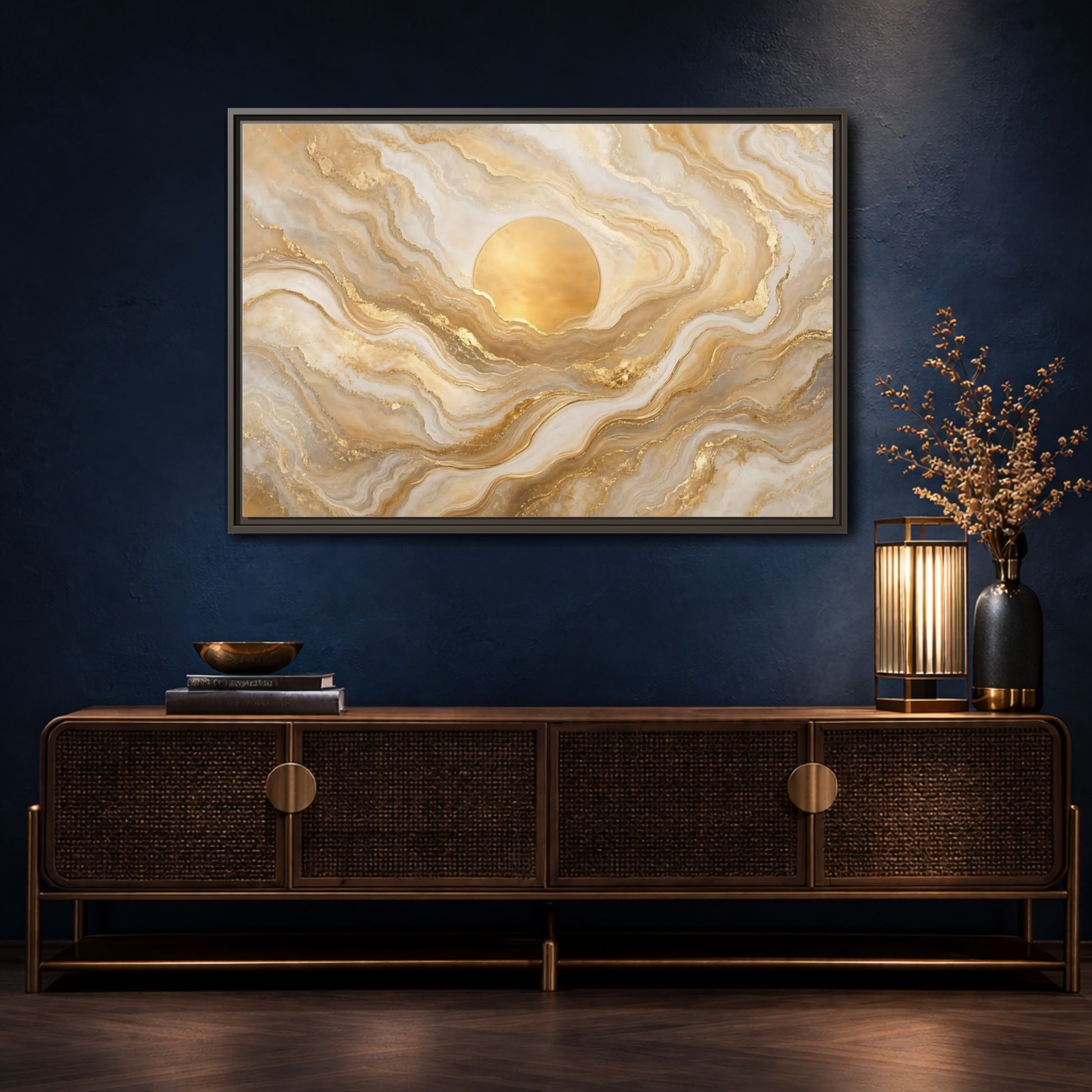 Mockup 4. Abstract Golden Sun Gold And White Marble shown as stretched canvas wall art