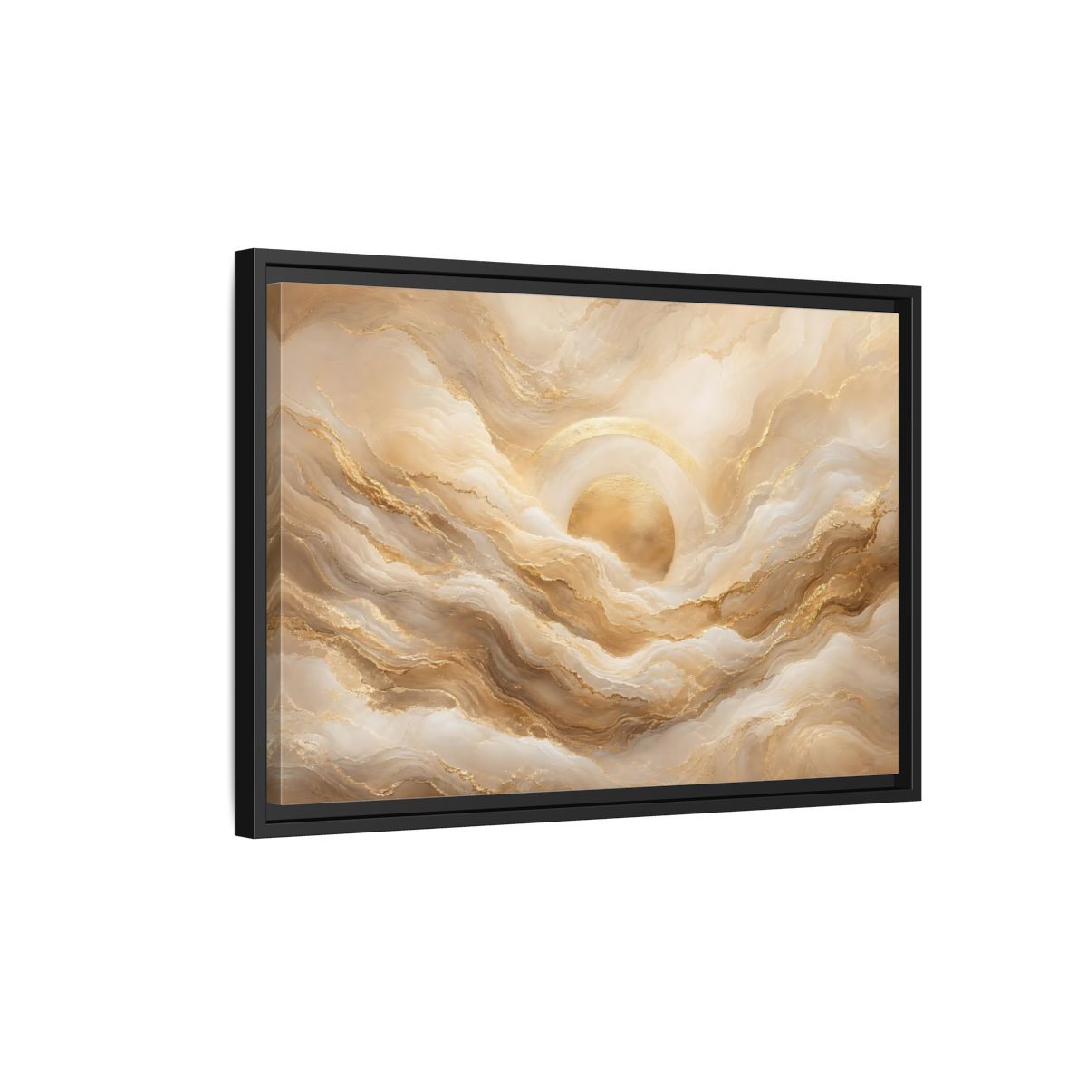 Side Mockup 3. Abstract Golden Sun Gold Abstract shown as stretched canvas wall art