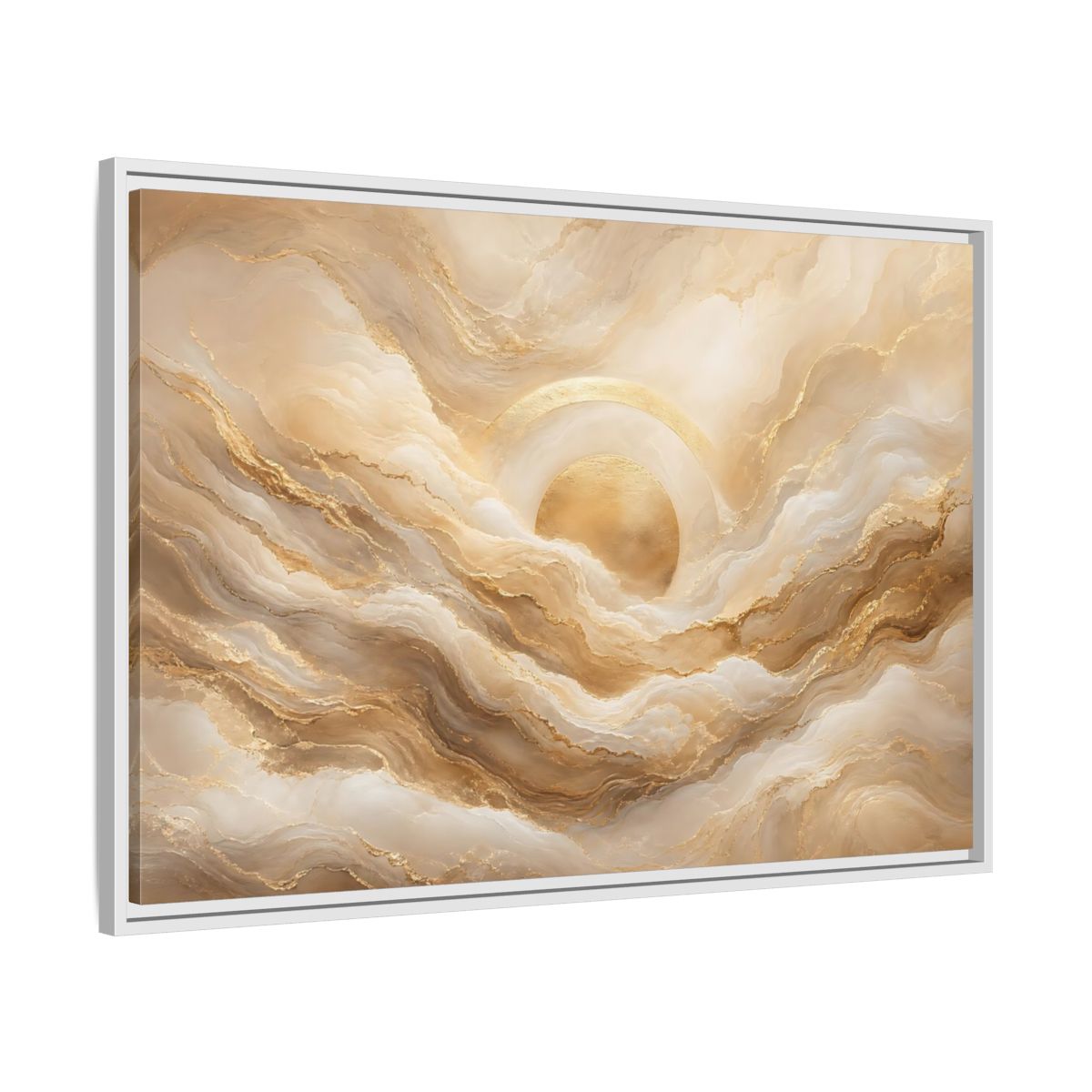 Side Mockup 9. Abstract Golden Sun Gold Abstract shown as stretched canvas wall art