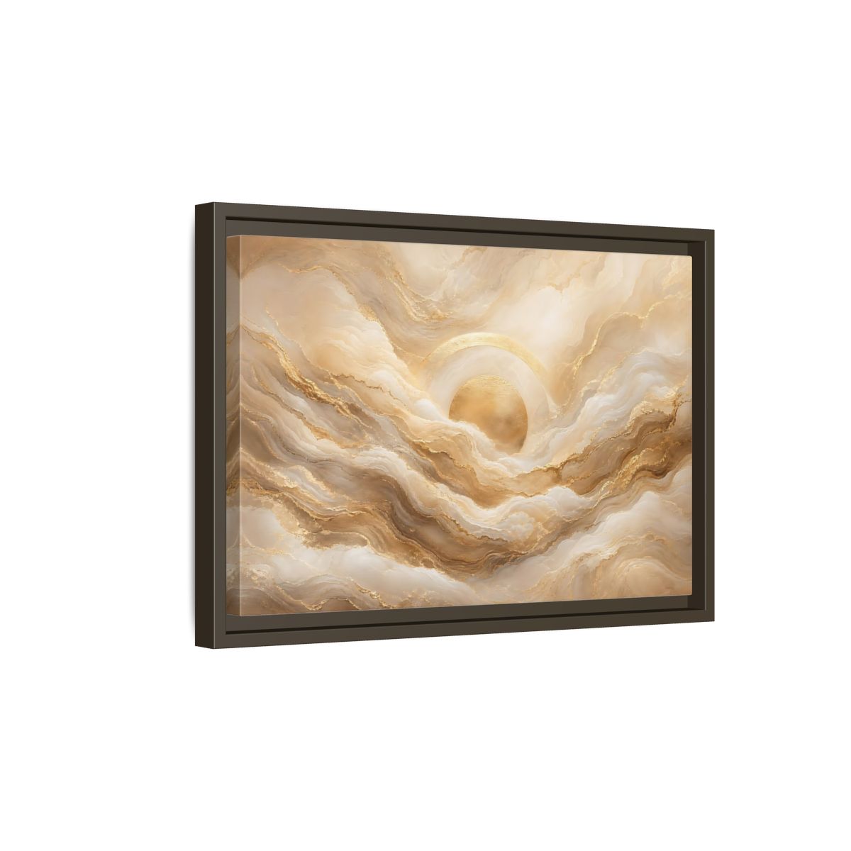 Side Mockup 5. Abstract Golden Sun Gold Abstract shown as stretched canvas wall art