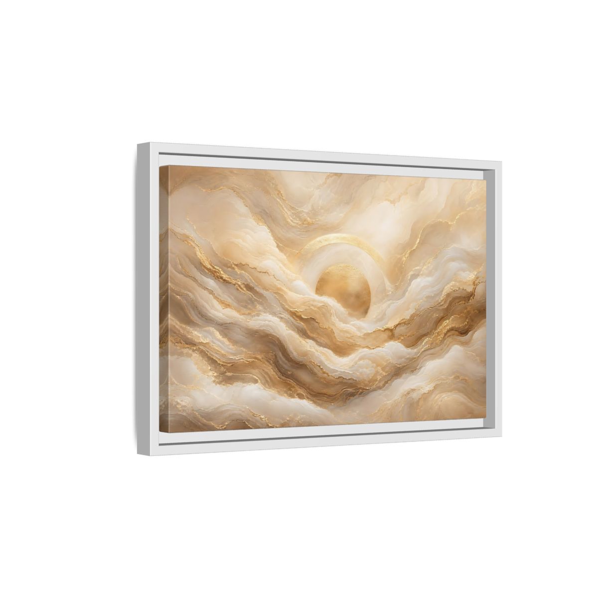 Side Mockup 4. Abstract Golden Sun Gold Abstract shown as stretched canvas wall art