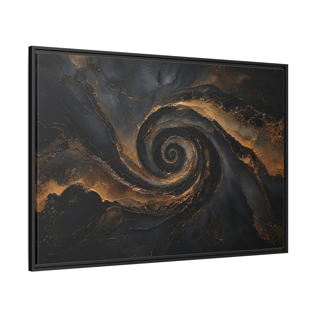 Side Mockup 12. Abstract Golden Swirl Black And Gold shown as stretched canvas wall art