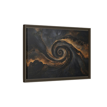 Side Mockup 2. Abstract Golden Swirl Black And Gold shown as stretched canvas wall art