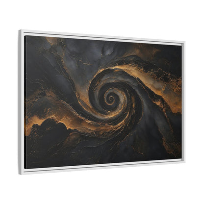 Side Mockup 9. Abstract Golden Swirl Black And Gold shown as stretched canvas wall art