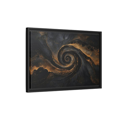 Side Mockup 3. Abstract Golden Swirl Black And Gold shown as stretched canvas wall art