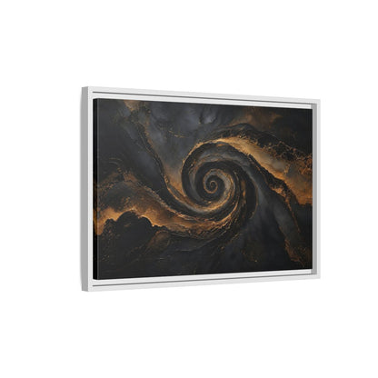 Side Mockup 1. Abstract Golden Swirl Black And Gold shown as stretched canvas wall art