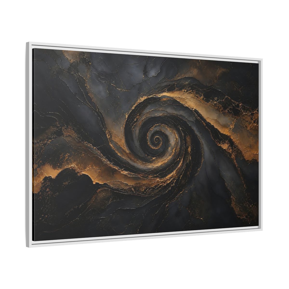 Side Mockup 7. Abstract Golden Swirl Black And Gold shown as stretched canvas wall art