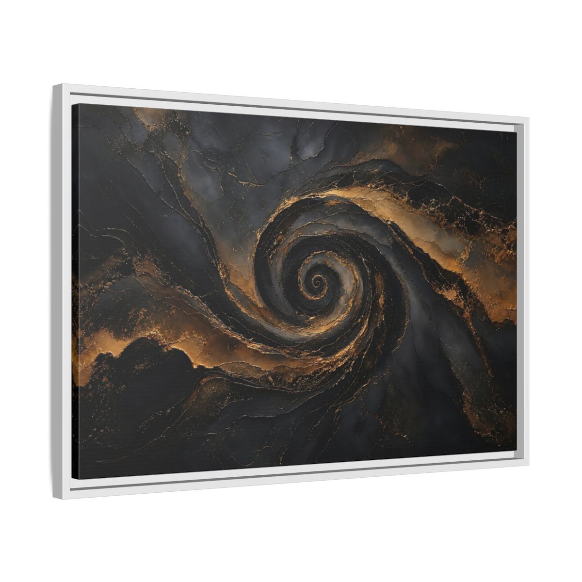 Side Mockup 10. Abstract Golden Swirl Black And Gold shown as stretched canvas wall art