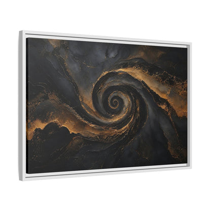 Side Mockup 10. Abstract Golden Swirl Black And Gold shown as stretched canvas wall art