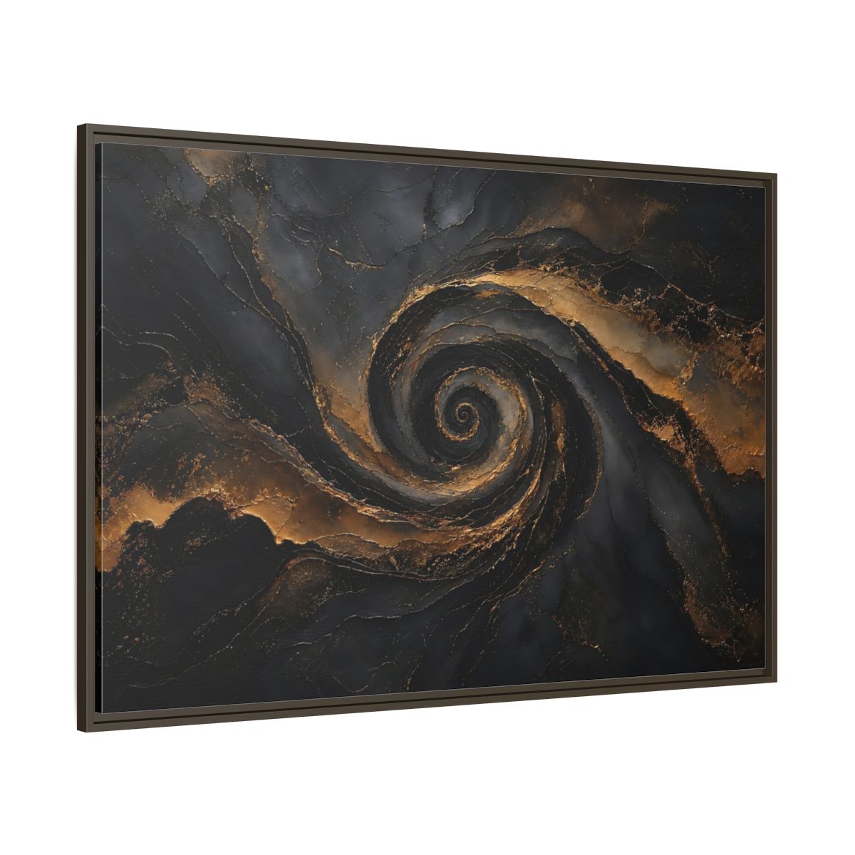 Side Mockup 8. Abstract Golden Swirl Black And Gold shown as stretched canvas wall art
