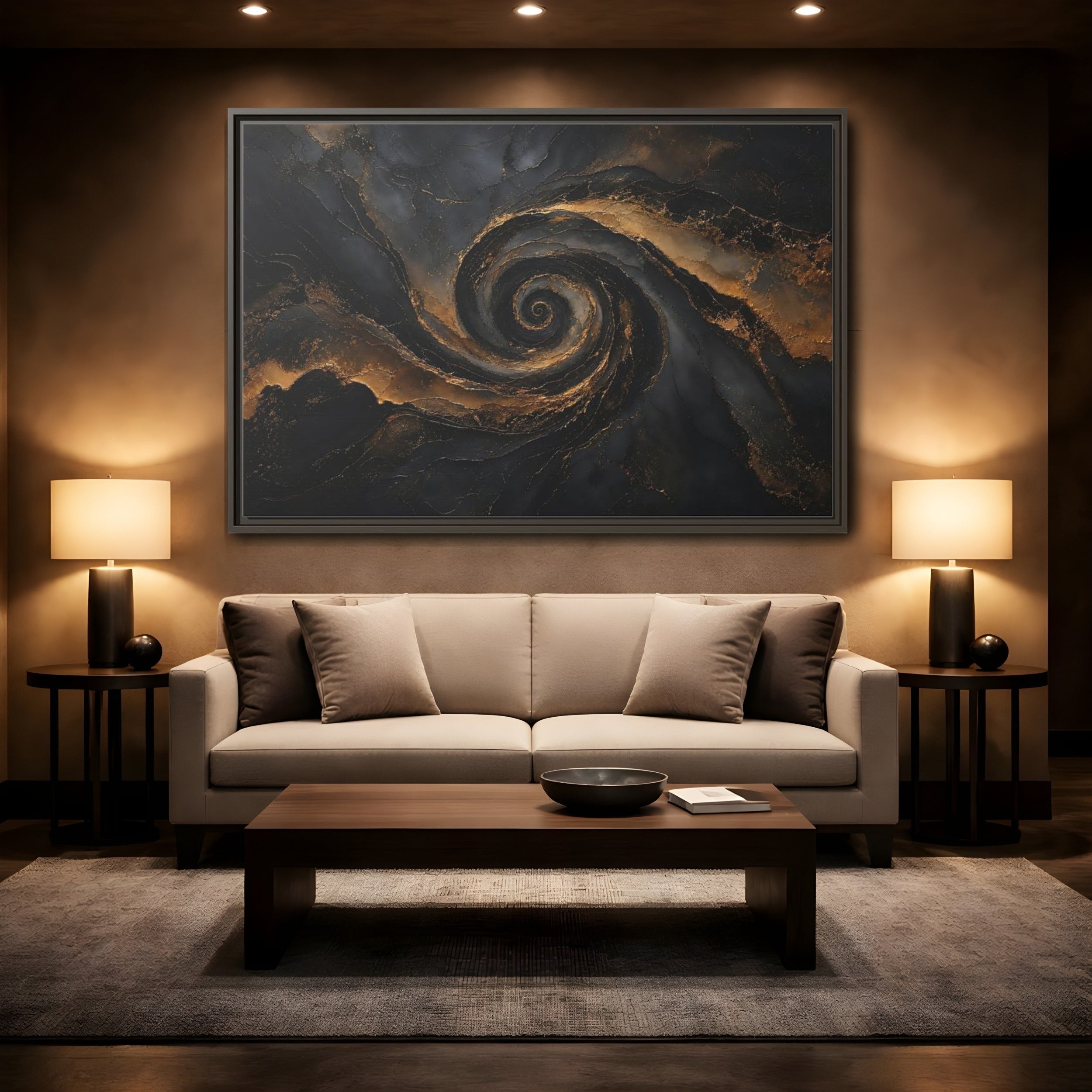 Mockup 2. Abstract Golden Swirl Black And Gold shown as stretched canvas wall art