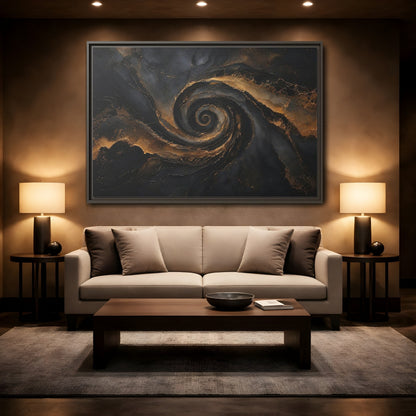 Mockup 2. Abstract Golden Swirl Black And Gold shown as stretched canvas wall art
