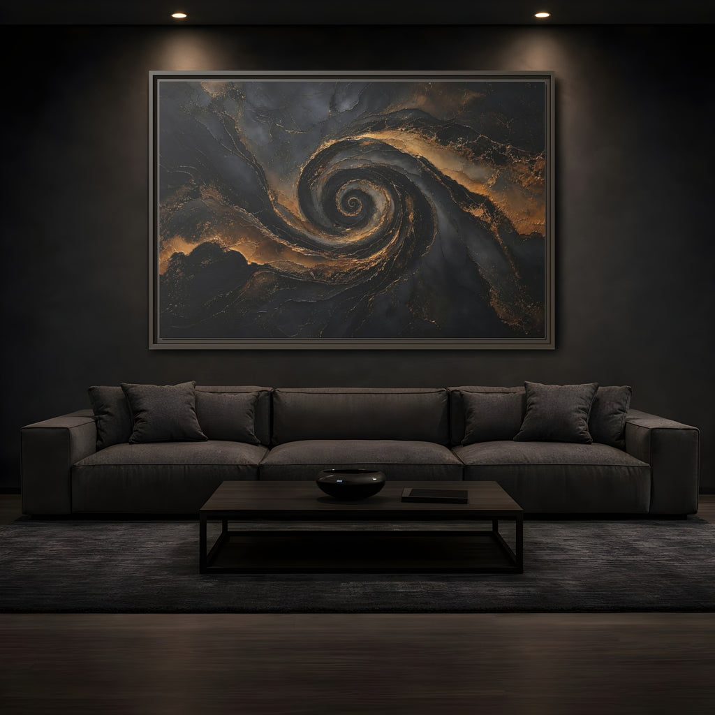Mockup 3. Abstract Golden Swirl Black And Gold shown as stretched canvas wall art