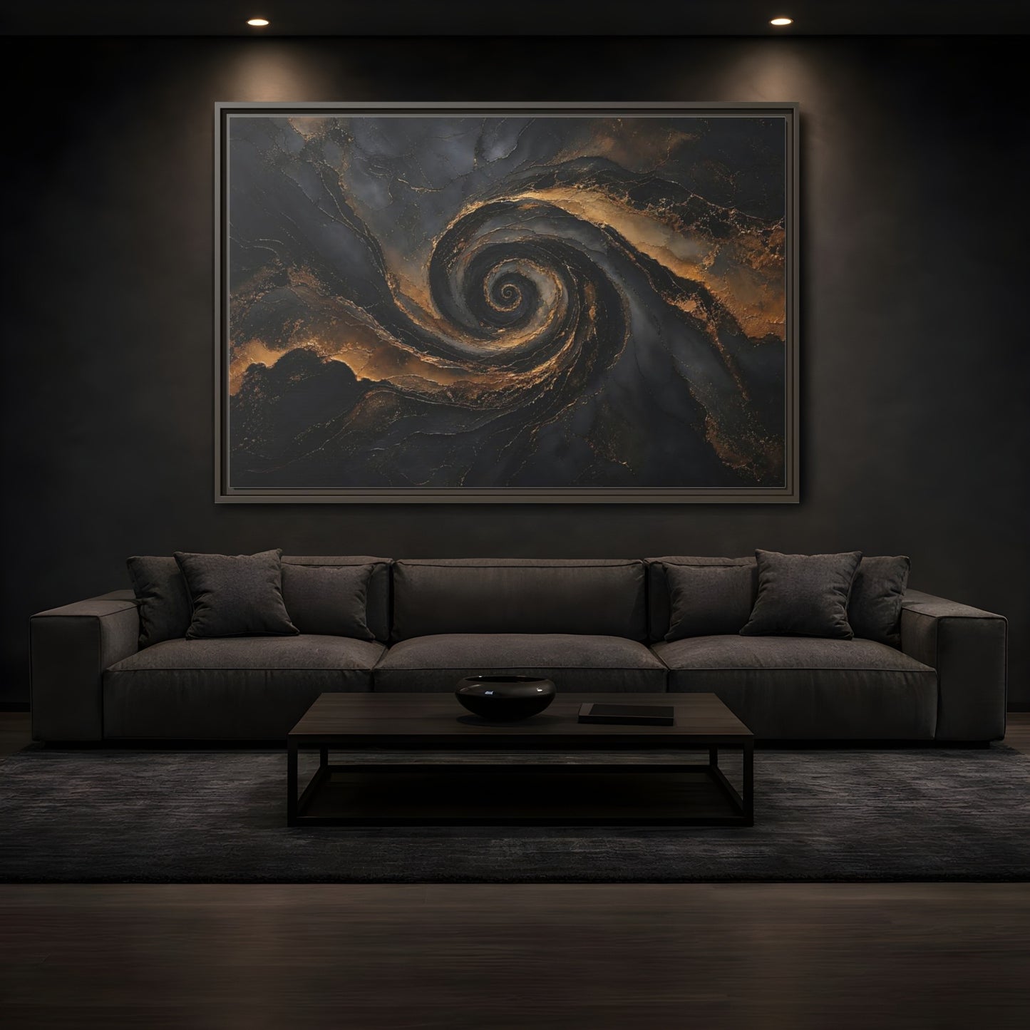 Mockup 3. Abstract Golden Swirl Black And Gold shown as stretched canvas wall art