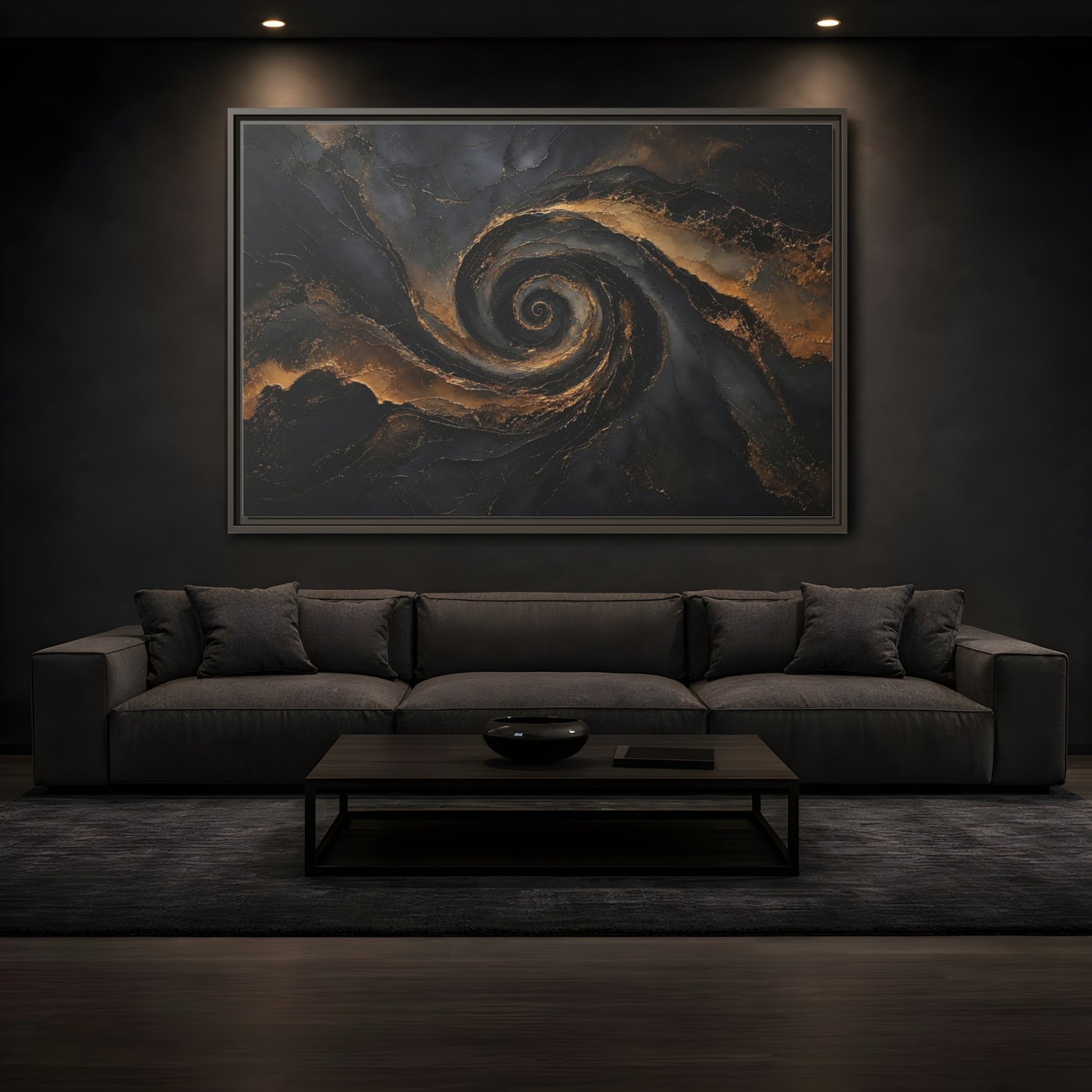 Mockup 3. Abstract Golden Swirl Black And Gold shown as stretched canvas wall art