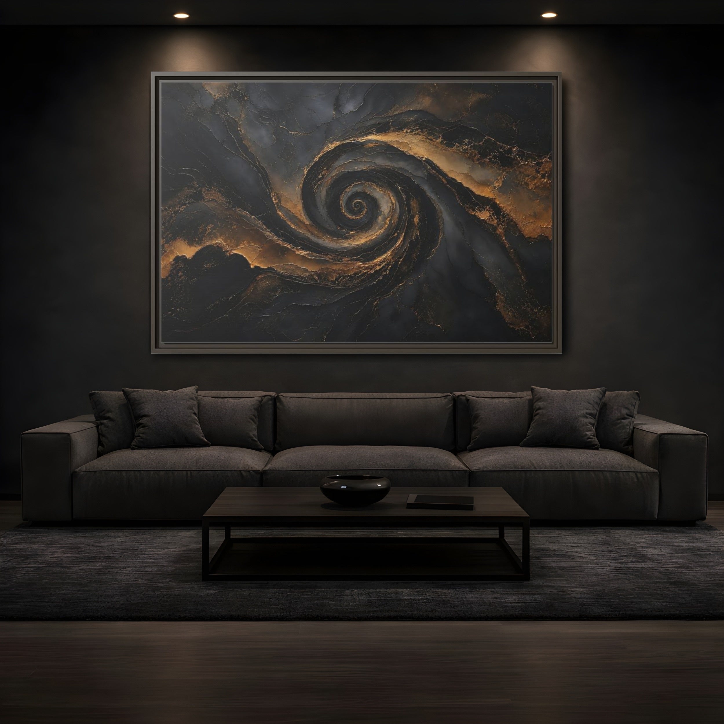Mockup 3. Abstract Golden Swirl Black And Gold shown as stretched canvas wall art