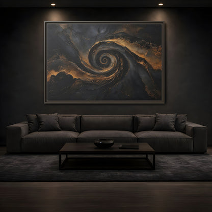 Mockup 3. Abstract Golden Swirl Black And Gold shown as stretched canvas wall art