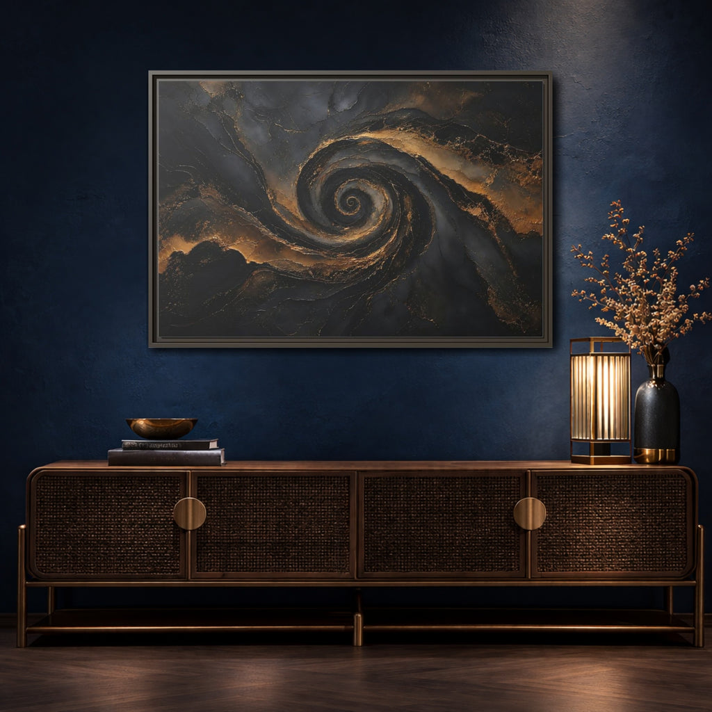 Mockup 4. Abstract Golden Swirl Black And Gold shown as stretched canvas wall art
